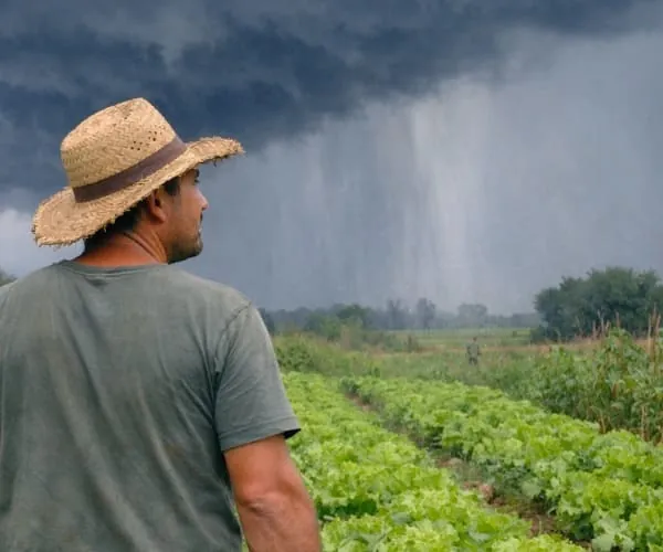 Imagem de agricultor observando a chuva chegando na plantação